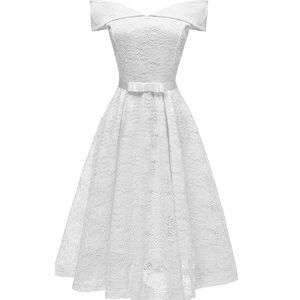 Womens Lace Bridesmaid White Formal Midi Dress